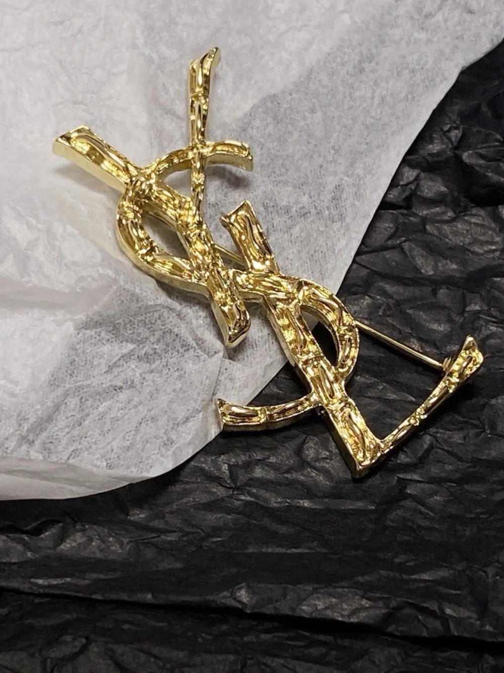 Saint Laurent Gold Textured YSL Logo Pin